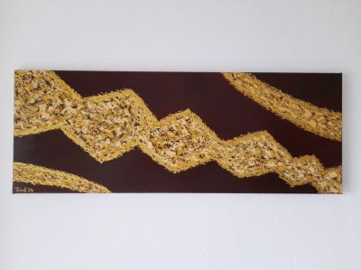 Acrylbild abstrakt, Goldrand-Ornamente, Leinwand, 30x80 cm, zickzack, modern