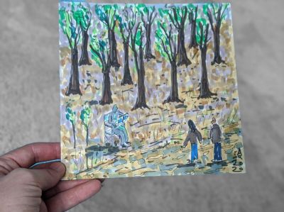 Der Spaziergang  Meine Nachbarin Ich  und der Mann  Der Buch liest  auf dem Klappstuhl  ganz allein mitten im Wald